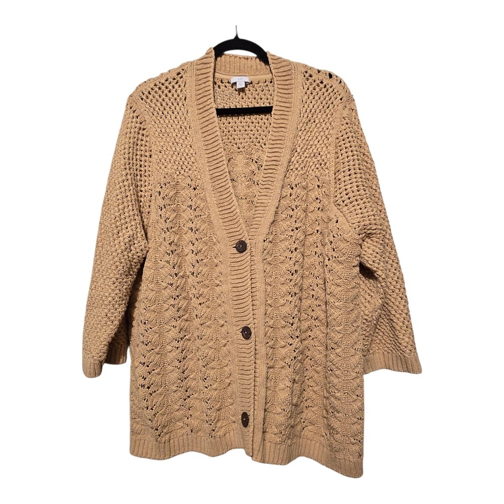 J JILL Crochet Knit Cardigan Sweater Womens Plus 2X Gold Tan Button Open Weave
